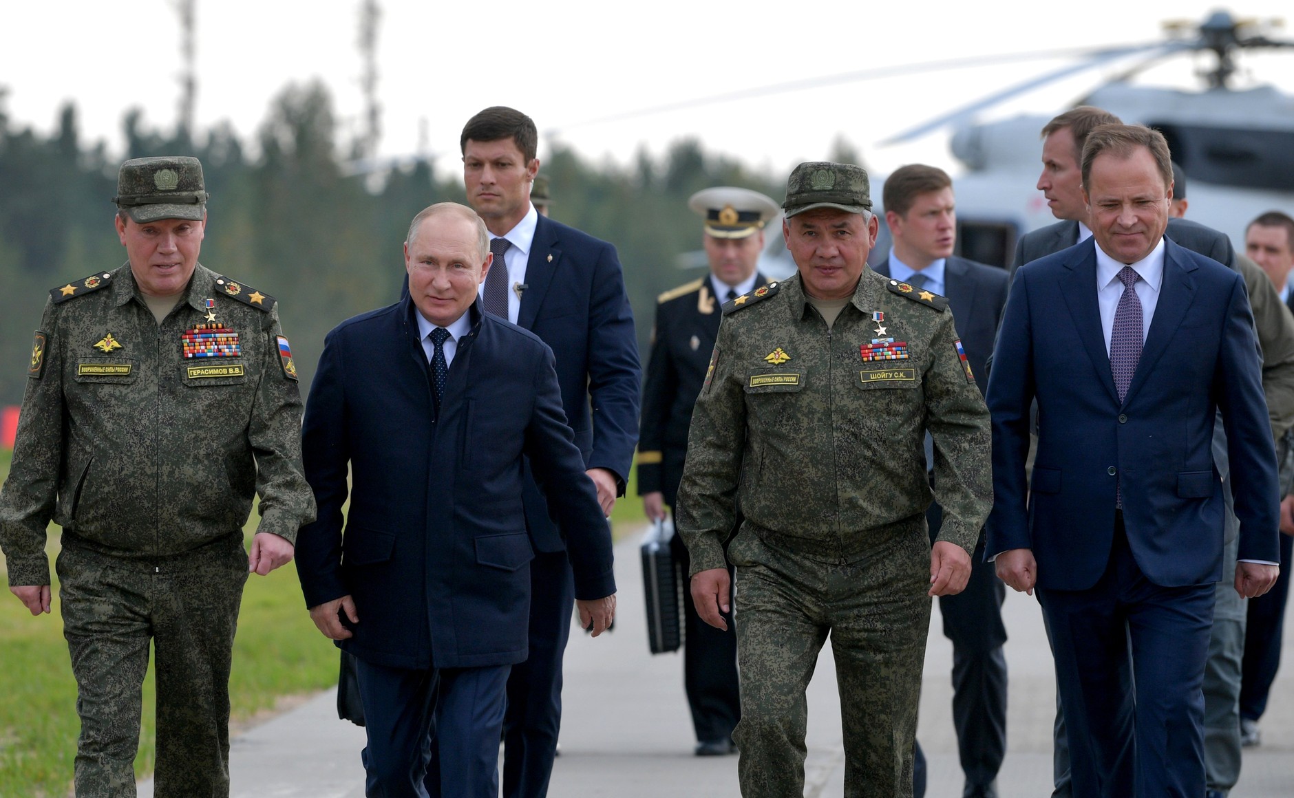 Russian President Vladimir Putin and Defense Minister Sergei Shoigu arrive for Zapad 2021 joint military drills held by Russia and Belarus at Mulino training ground in Nizhniy Novgorod